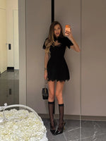Ahagaga Sexy Women's Mini Dresses Patchwork Short Sleeves Lace Hollow Out Slim Fit Trend Baisc Turtleneck Streetwear Female Robe