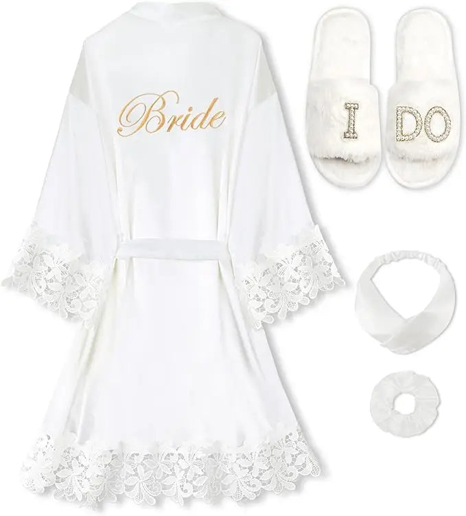 4 Pcs Bride Robe for Wedding Day Set Bridal Robe with Slippers Lace Trim Wedding Robe for Bridal Bachelorette Party