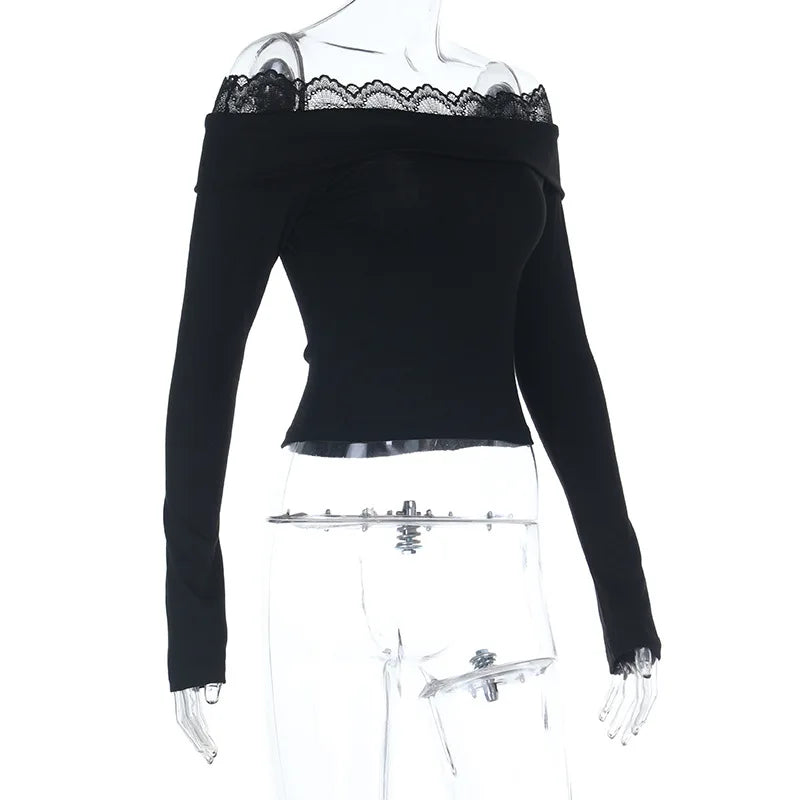 Y2K Streetwear Lace Long-Sleeve Off-Shoulder Top for Women American Style Slim-Fit Hot Girl T-Shirt Lady Spring Autumn Outfit