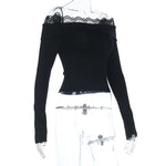 Y2K Streetwear Lace Long-Sleeve Off-Shoulder Top for Women American Style Slim-Fit Hot Girl T-Shirt Lady Spring Autumn Outfit