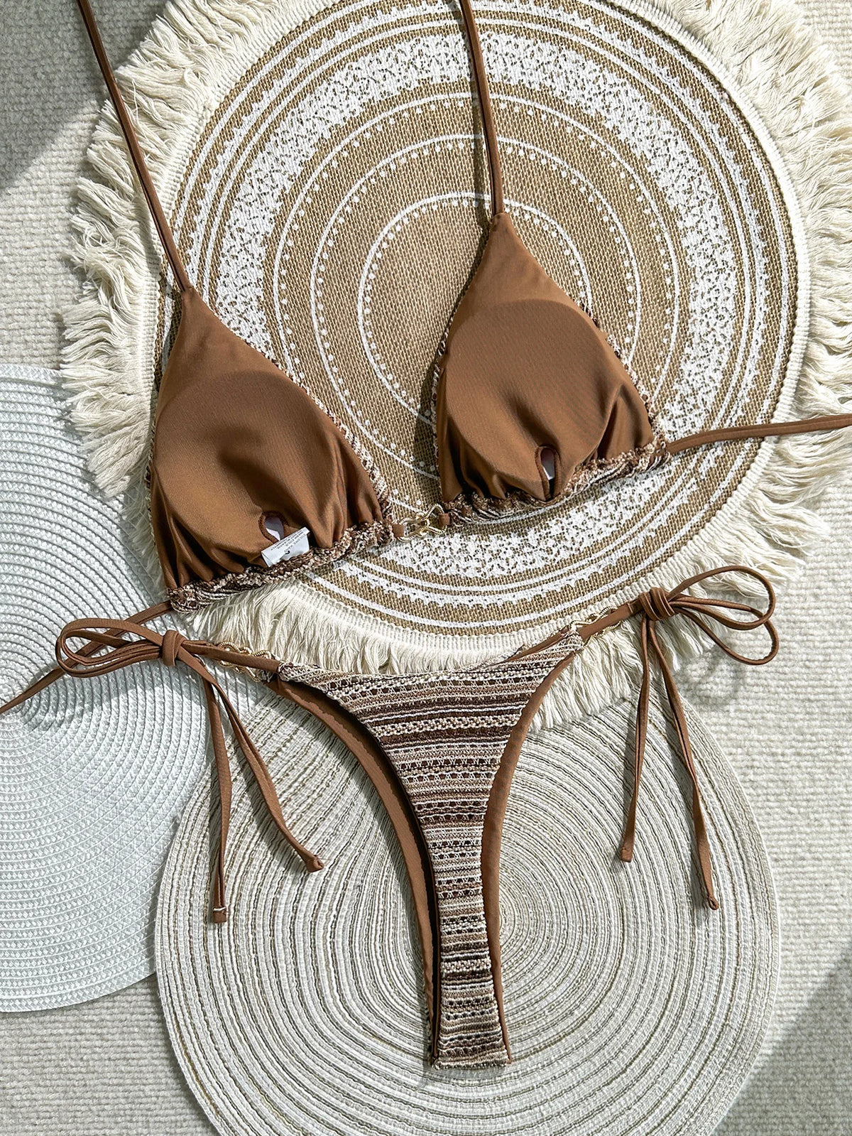 Sexy Coffee Striped Micro Bikini Set 2026 Women Halter Push Up Bra Bandage Thong Swimsuit Summer Bathing Suit Holiday Swimwear