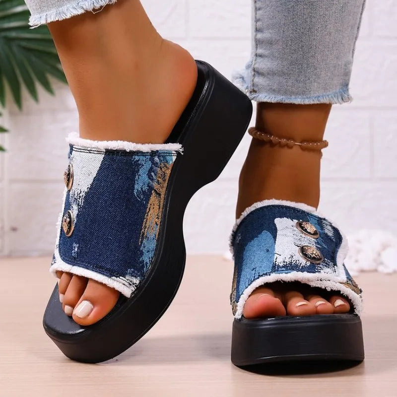 Leopard Print Women's Shoes Wedge Slippers Square Toe 2026 Summer New Fashion Platform Outdoor Beach Slippers Sandalias De Mujer