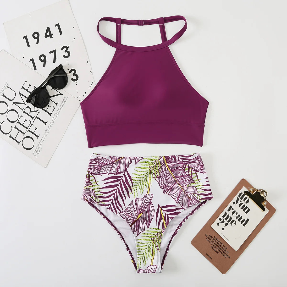 Sexy Light Purple High Waist Bikini 2024 Woman High Neck Swimsuit Female Two Pieces Swimwear Women Print Beach Wear Bathing Suit