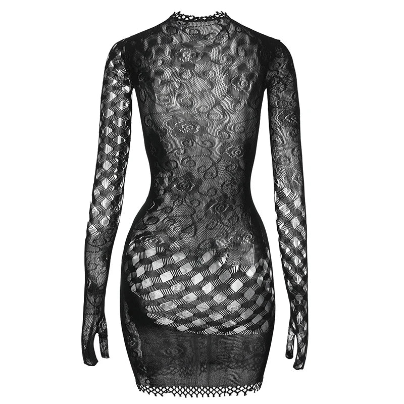 Women Sheer Mesh Long Sleeve Beach Cover Up, Sexy See-Through Fishnet Dress, Solid BodyconFor Summer Beach Party