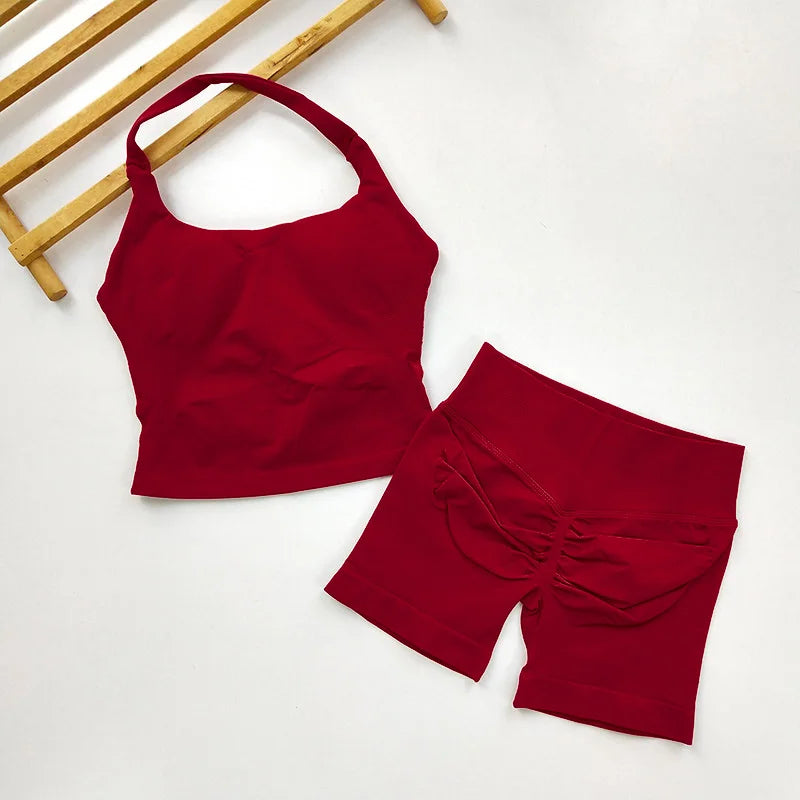 Yoga 2 Pieces Gym Set Women Backless Halter Tops High Waist Seamless Shorts Gym Suit Fitness Sports Bras Sportswear Workout Sets