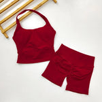 Yoga 2 Pieces Gym Set Women Backless Halter Tops High Waist Seamless Shorts Gym Suit Fitness Sports Bras Sportswear Workout Sets