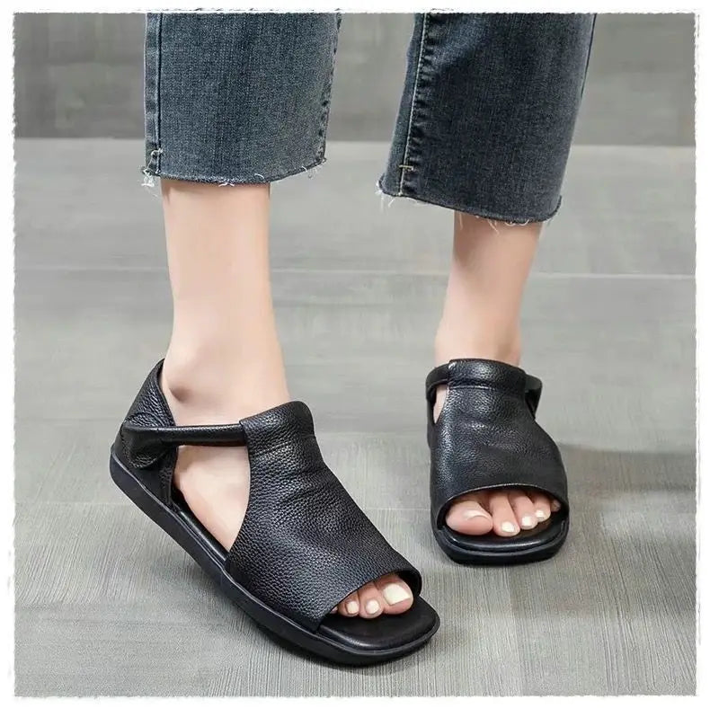 New Women's Peep Toe Flat Sandals - Retro Soft Leather Breathable Comfortable Versatile Casual Shoes 2026