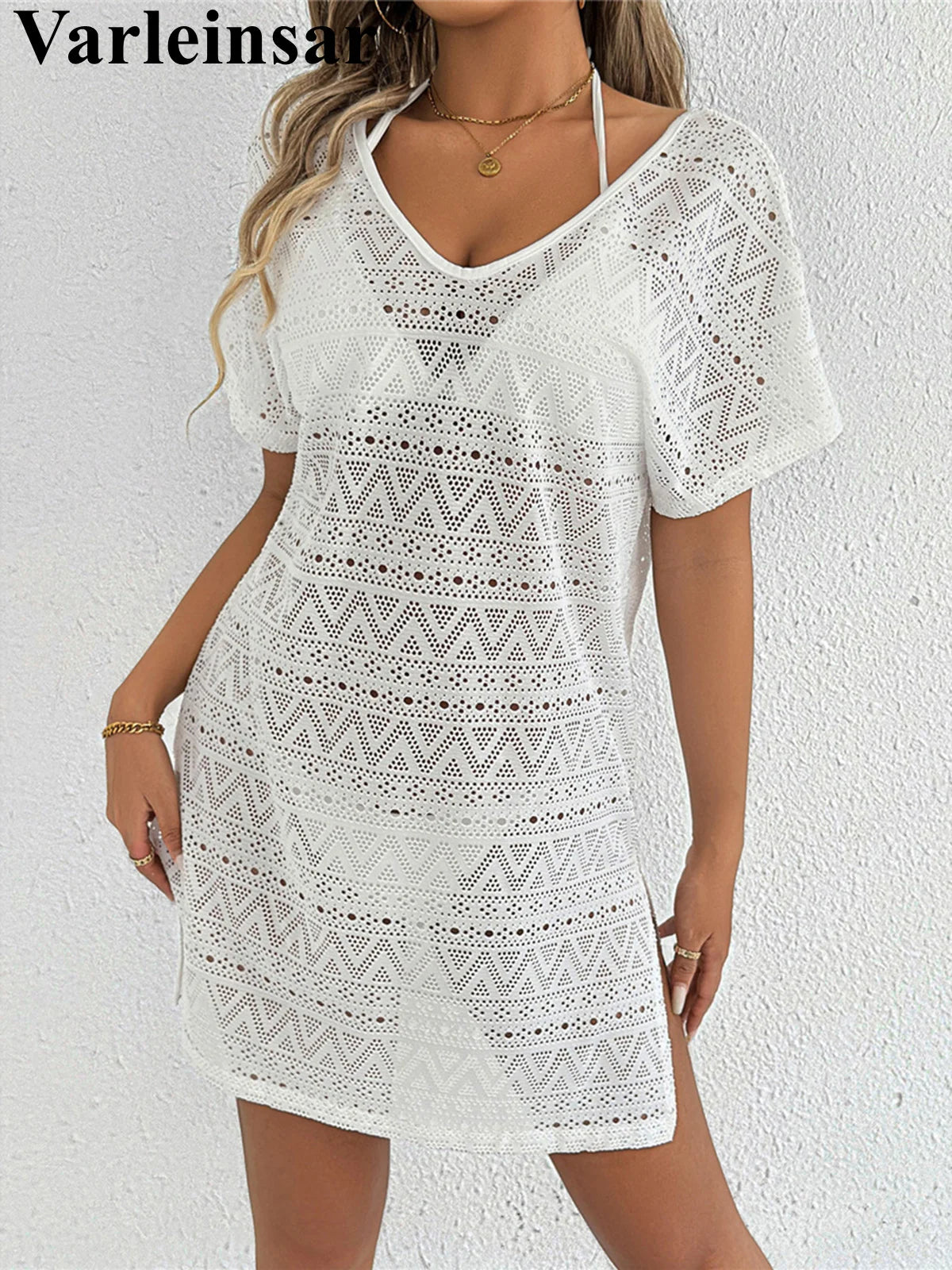 S - XL V Neck Short Sleeve Hollow Out Knitted Tunic Beach Cover Up Cover-ups Beach Dress Beach Wear Beachwear Female Women V8214