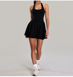 Summer Sleeveless Halter Slim Tennis Dress Women Sexy 2-in-1 Hollow Backless Golf Sports Dresses Outdoor Running Fitness Skirt