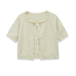 Women's Fashion Short Sleeve Round Neck Bow Lace Knit Solid Color Light Green Lace Trim Front Short Sleeve Knit Casual Top MDTM