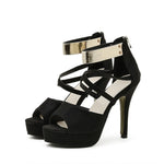 Women's Sexy Peep Toe Platform 12cm High Heel Sandals with Gold Metal Classic Ankle Strap Crisscross Stiletto Heel Party Shoes