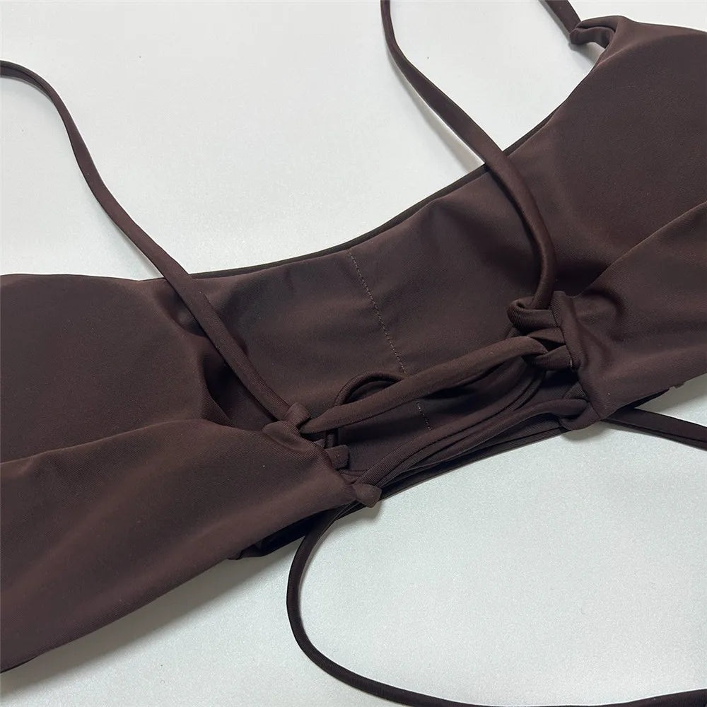 Brown Bandeau Micro Bikini Set Back String Lace-up Sexy Swimsuit Solid Swimwears Woman 2026 High Cut Bathing Suit Bikinis Femmes