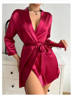 Pajamas women summer European and American ladies lace-up bathrobe sexy morning gown home dress can wear ice silk robe