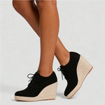 2026 Big Size 43 Vintage Brown Black Pointy Toe Lace-up High Heels Espadrilles Pumps Comfy Walk Office Lady Wedges Shoes Women