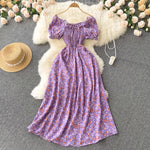 2025 Summer French Vintage Floral Dress Fashion Elegant High-Waisted Drawstring Vestidos Printed Fresh And Sweet Long Dresses