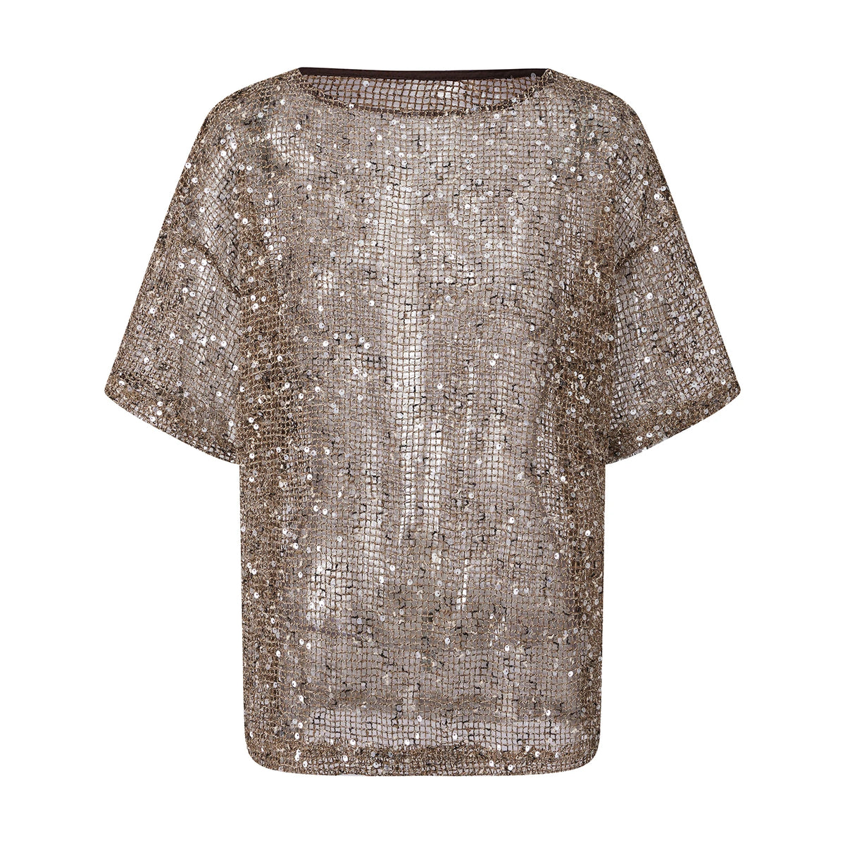 Summer Women's Fishnet T-shirt Casual Loose Fit Stylish Solid Color See Through Sequined Crew Neck Elbow Sleeve Tops