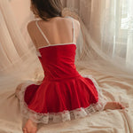 Womens Sexy Christmas Lingerie Santa Costume Velvet Mini Dress Lace Up Corset Babydoll Sleepwear with Arm Sleeves Holiday Outfit