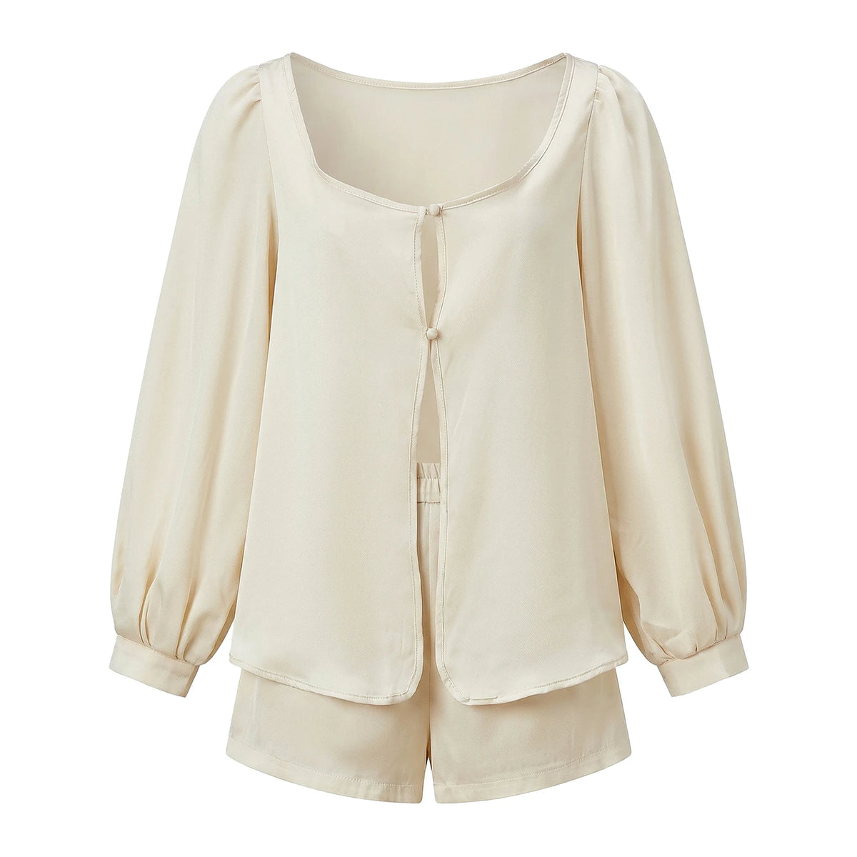 Women’s Casual 2 Piece Outfits Long Lantern Sleeve Button Down Tops + Shorts Set Solid Color Loose Suits