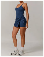 Summer Tennis Dress Women Sleeveless V Neck Slim Skirt Pleate Twisted Design Crossed Hollow Out Sports Yoga Golf Skirt Badminton