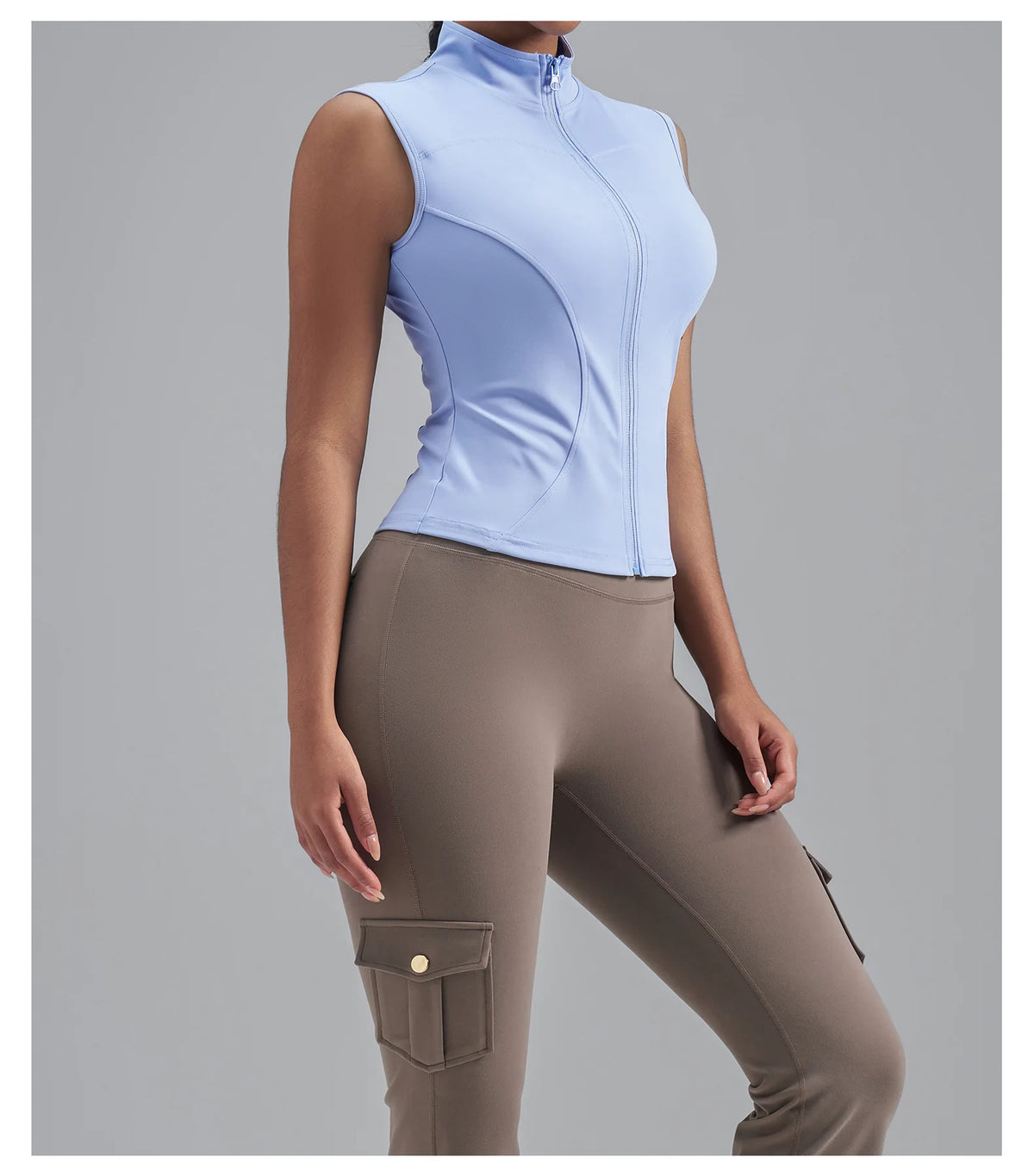 Women Zipper Yoga Shirts Solid Stand Up Collar Elastic Slim Fit Sports Jacket Breathable Sleeveless Sunscreen Workout Clothes