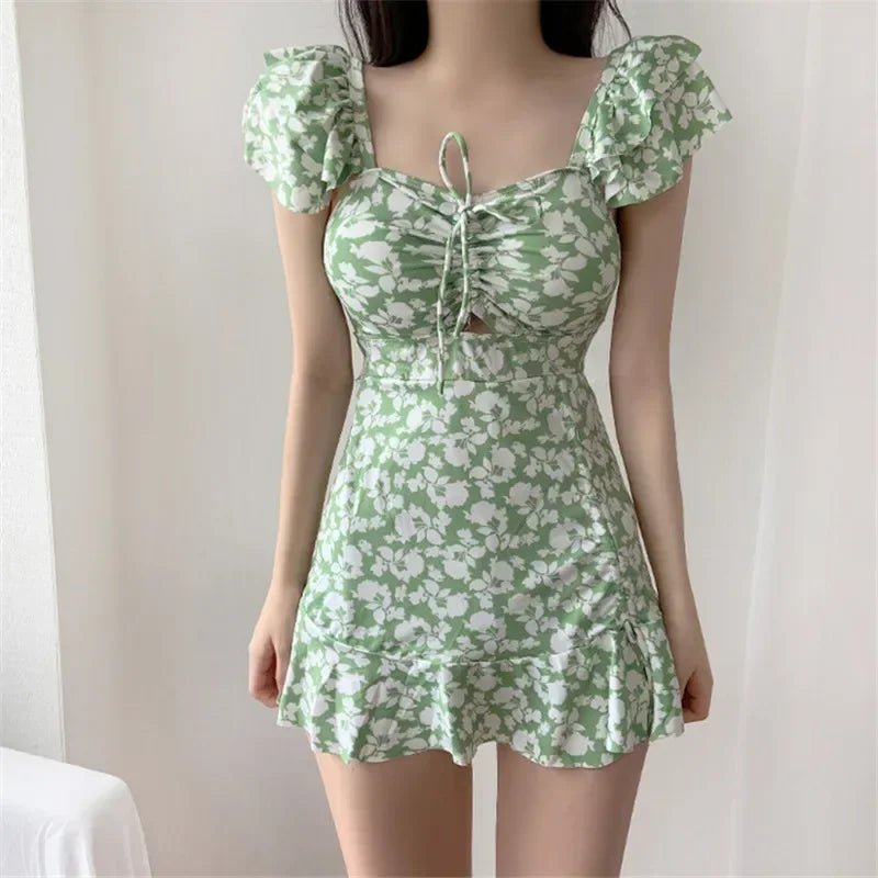 Vintage Blue Floral Print Korean Swimsuit Dress One Piece Swimwear Women 2026 Beach Wear Ruffled Drawstring Swimming Suit Bather