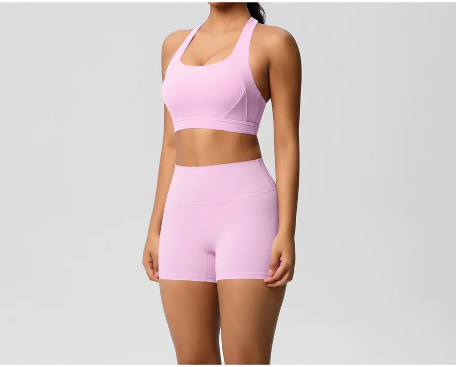 2PCS Yoga Set Women Gym Sports Suits Fitness Bra Crop Top Workout Clothes Female Athletic Wear Push Up Shorts Sportswear