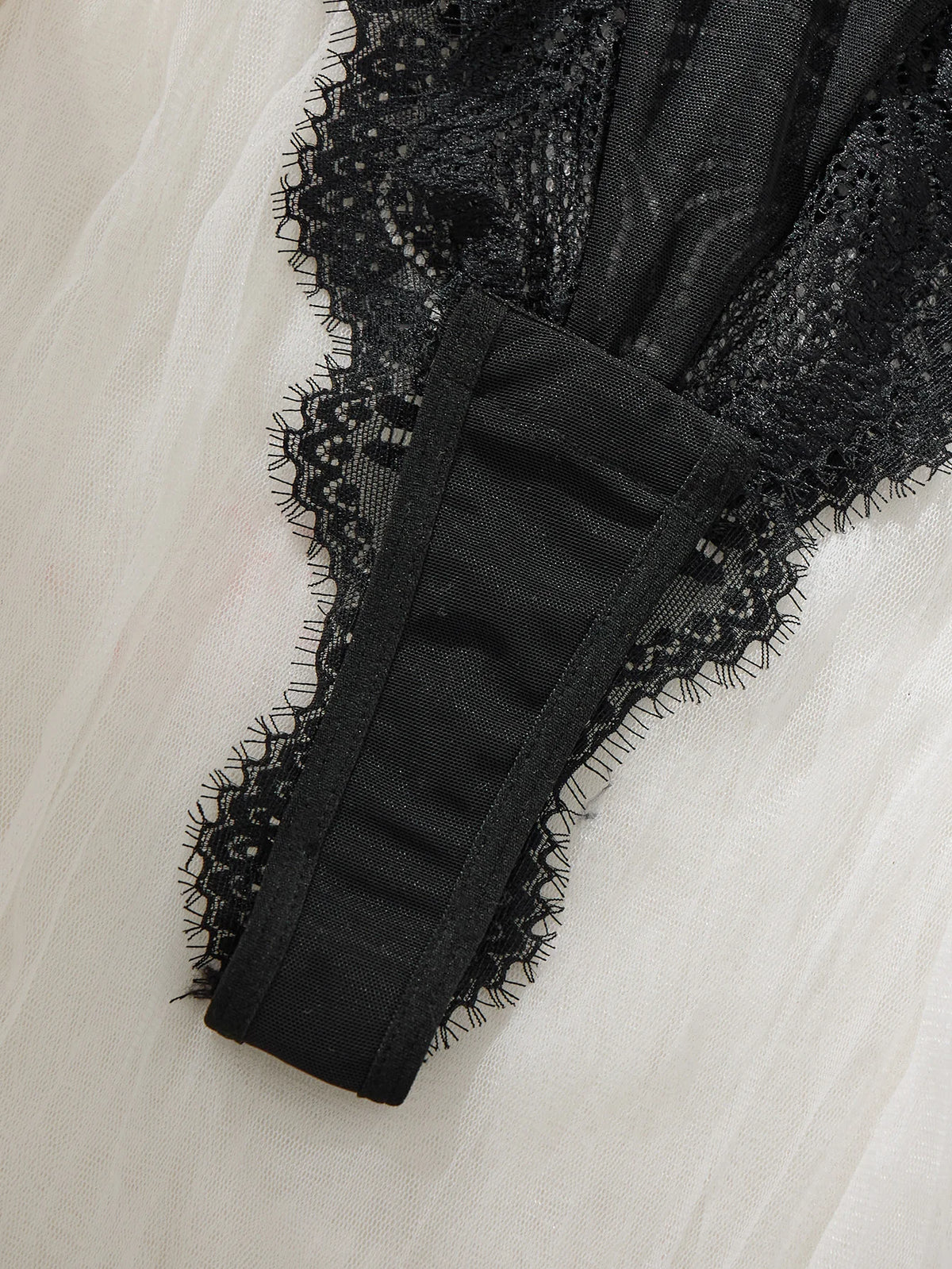 Black Sheer Mesh Teddy Bodysuit Women Floral Lace V Neck Ruffle Trim One Piece Lingerie Intimate Body Suit Sleepwear ZA825256