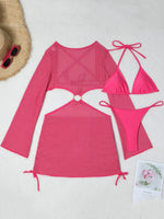 Mesh Sheer Long Sleeve Cover-Up Micro Bikini Female Swimsuit Women Swimwear Three-pieces Bikini Set Bathing Suit Swim Beach Wear