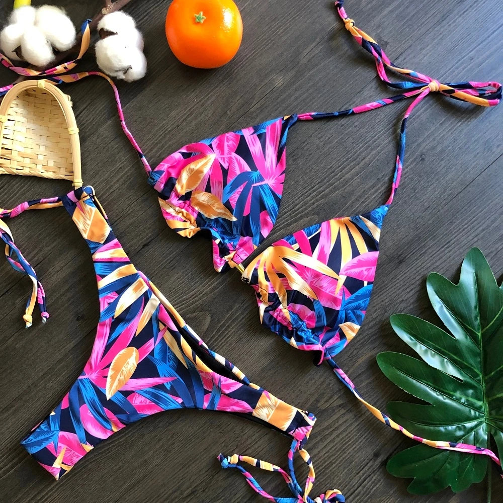 RUOTONGSEPT Sexy Micro Bikinis Set 2022 New Swimsuit Women Feather Print Bandage Swimwear Female Bathing Suit Brazilian Biquinis