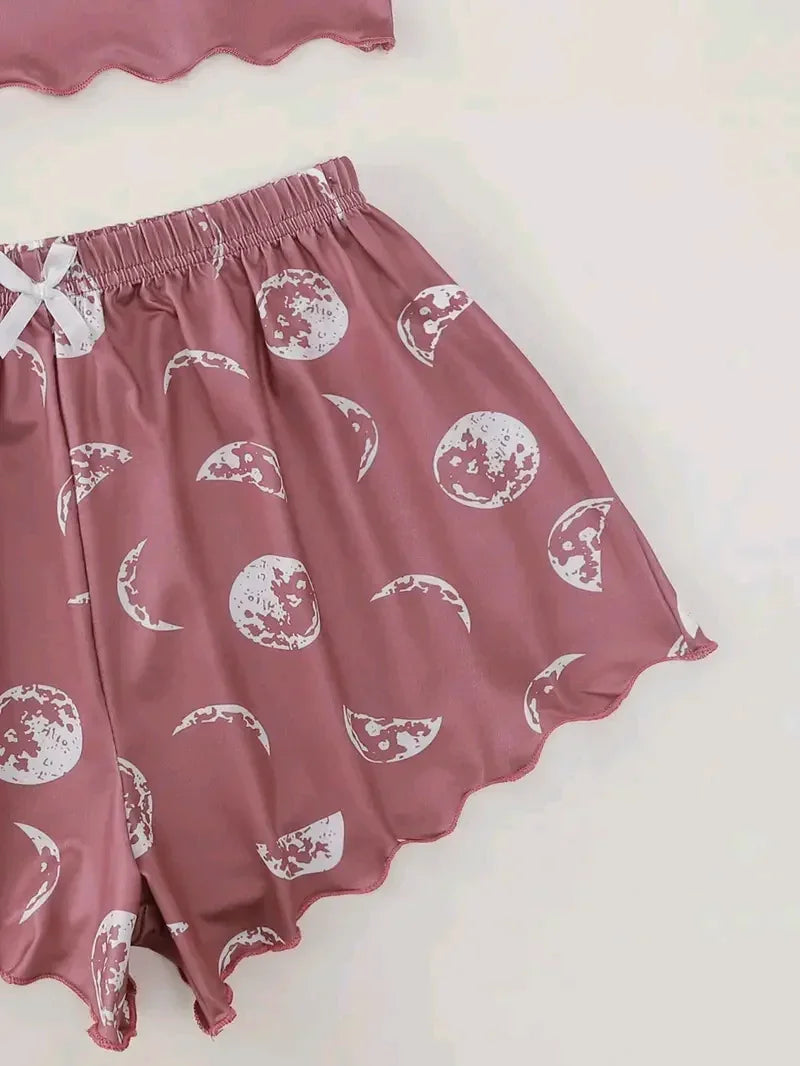 Summer Pajama Set for Women Sleepwear Sexy Lingerie Pink Moon and Planet Print Camisole and Shorts Sets Comfortabl Casual Suit