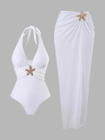 Vintage Black White Long Skirt Swimwear Sets Women Deep V Neck Starfish Hollow Out Bathing Suit Holiday One Piece Swimsuit 2026