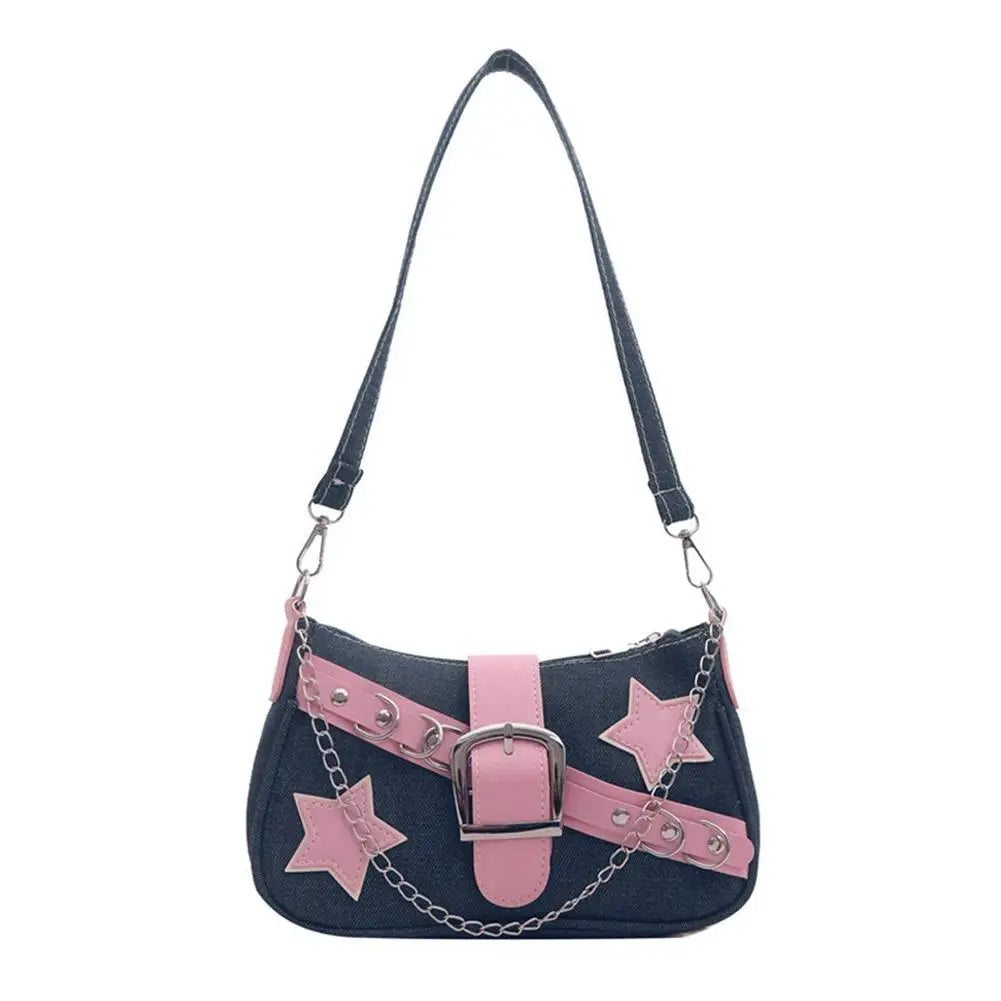 Fashion Women's Handbags Denim Stars Pattern Cool Girls Underarm Bag Female Small Shoulder Hobo Bags Chain Tote Bag