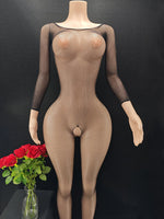 Women Fishnet Bodystocking Long Sleeve Sheer Mesh One Piece Bodysuit Stockings Black Stretch Jumpsuit Nightwear