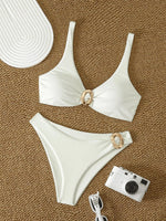 Sexy White Bikini Set 2026 Women Metal Buckle Pleate Push Up Bra Thong Swimwear Summer Bathing Suit Holiday Swimsuit Biquini