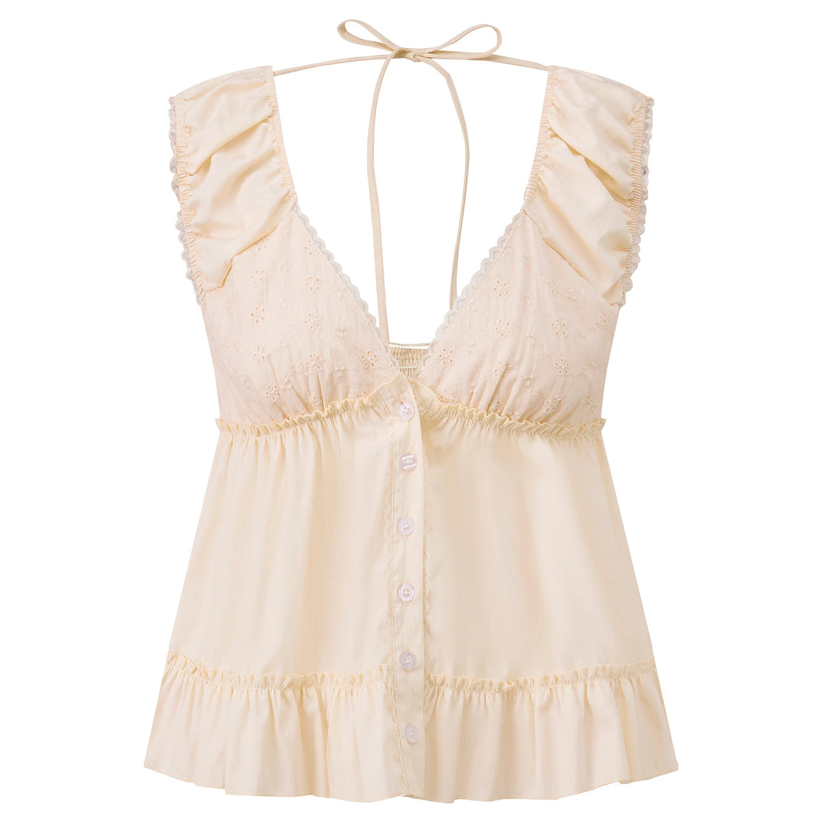 Women's Summer Solid Color Babydoll Tank Tops Button Down Stylish Lace Trim Loose Hem Deep V Neck Sleeveless Shirts