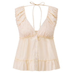 Women's Summer Solid Color Babydoll Tank Tops Button Down Stylish Lace Trim Loose Hem Deep V Neck Sleeveless Shirts