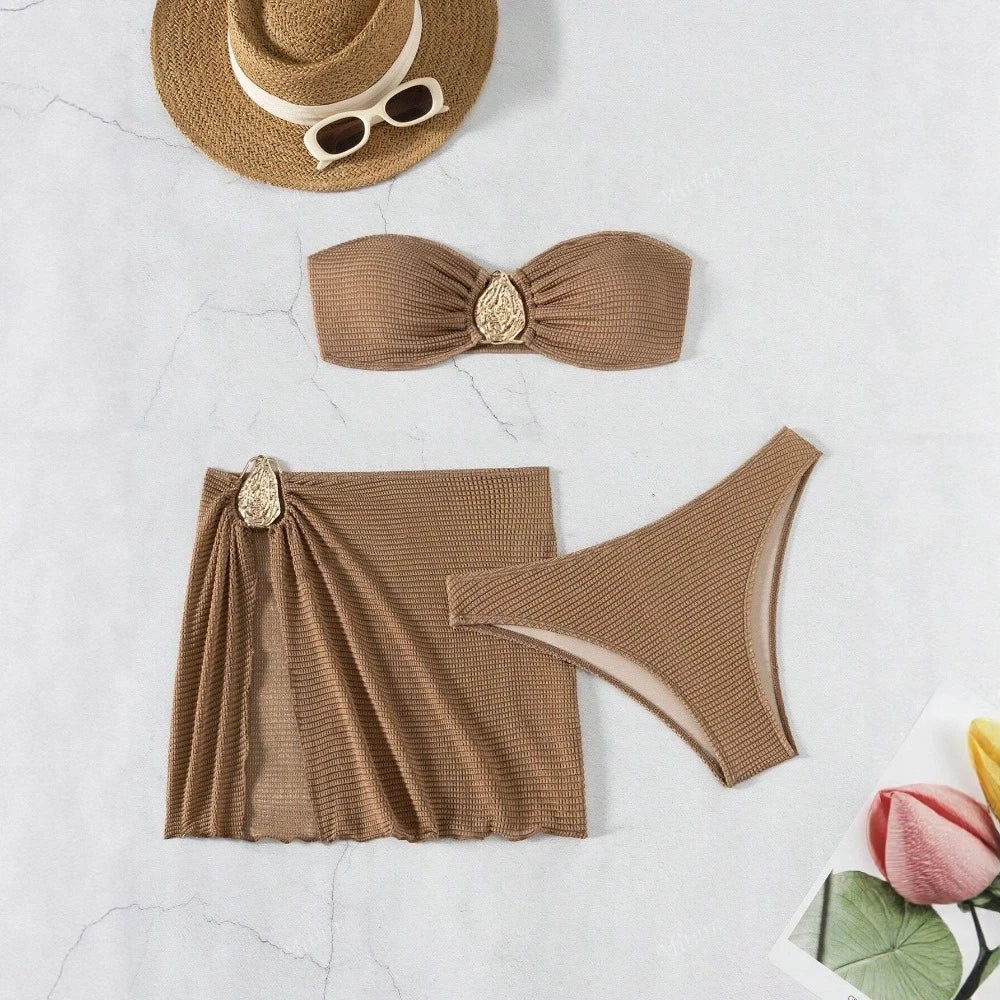 New 3 Pieces Push Up Bandeau Thong Bikini Set Swimsuit Women Brown Swimwear with Sarong Skirts Beach Wear Summer Bathing Suit