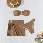 New 3 Pieces Push Up Bandeau Thong Bikini Set Swimsuit Women Brown Swimwear with Sarong Skirts Beach Wear Summer Bathing Suit