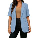Women Textured Blazer Jacket Lapel Collar Double Breasted Half Sleeve Pocket Loose Suit Coat Elegant Office Summer Outerwear