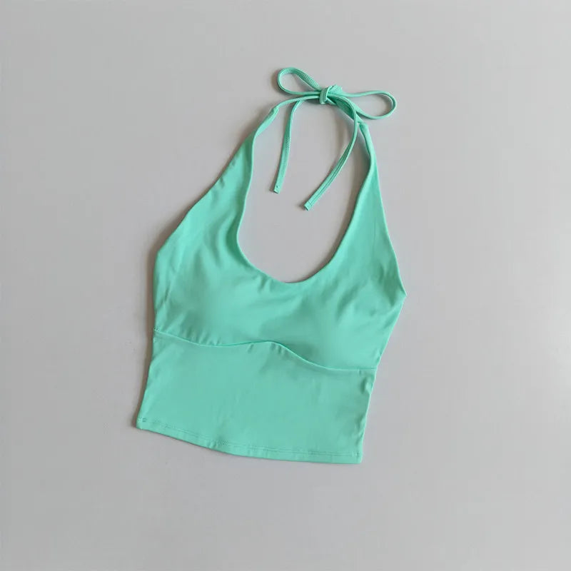 Women's Halter Neck Sports Bra Vest Slimming Tube Top for Yoga Gym Running Beautiful Back Sling Design One Cup Gathered Summer F