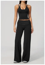 Women's 2 Piece Yoga Set Halter Neck Crop Top Fold Over Waist Wide Legged Flare Trousers Polka Dot Striped Gym Workout Running