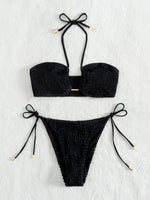 Halter Tie Side Pleated Smocked Bikini Women Bandeau Swimsuit Female Swimwear Two Pieces Bikini Set Bathing Suit Swim Beach Wear