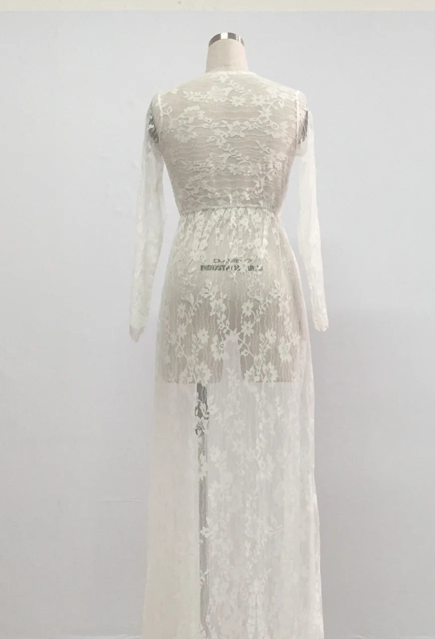 Sexy See Through Lace Long Dresses For Women Deep V-neck Solid Color Maxi Dress Fashion Streetwear Party Night Club Vestidos New