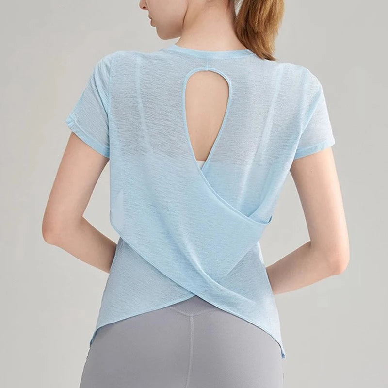 Women's Quick Drying Hollow out Back Sports T-Shirt Yoga Suit Top Short Sleeve Fitness Cover up