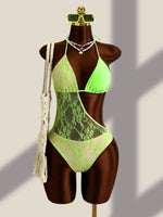 DEKA Sexy Lace Patchwork Swimwear Neon Green Transparent One Piece Swimsuit Women Hollow Out Backless Mesh Bathing Suit Holiday