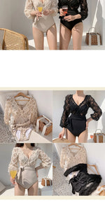 Long Sleeve Korean Style One Piece Swimwear Women Solid Black Mesh Patchwork Belt Push Up Bathing Suit Swimwear Monokini 2025