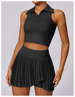 Outdoor Breathable Golf Wear Tennis Sport Sets Women Turn Down Collar Sleeveless Top Short 2 in 1 Skirt Running Fitness Set