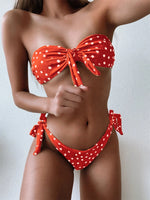 Front Tie Bandeau Bikini 2025 Swimwear Women Off Shoulder Black Dot Print High Let Bikinis Bathers Bathing Suit Thong Swimsuit