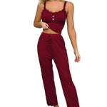 Women Ribbed Pajama Set Lace Trim Camisole Top & Drawstring Pants Sexy Sleepwear Autumn Soft Lounge Homewear