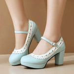 Plus Size 45 Sweet Mary Janes Shoes Women Cute Blue Block High Heels Lolita Pumps Lovely Pink Heart Edge Platform High-heeled
